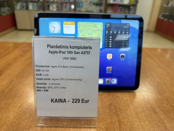 Apple iPad (2022), 10,9'' 10th Gen, A2757 64GB WiFi+SIM (naudotas