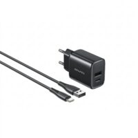 Įkroviklis Awei PD85T-EU 22.5W USB-A/USB-C + USB-A to USB-C cable 1.0m juodas