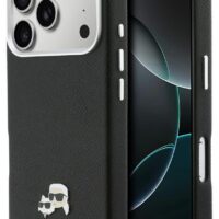 Dėklas Karl Lagerfeld PU Karl and Choupette Heads Pins MagSafe Apple iPhone 17 Pro Max juodas
