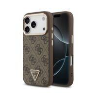 Dėklas Guess PU Leather 4G Strass Triangle Logo Gold Frame MagSafe Apple iPhone 18 Pro rudas