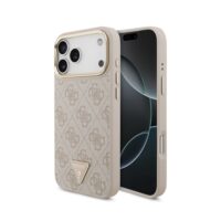 Dėklas Guess PU Leather 4G Strass Triangle Logo Gold Frame MagSafe Apple iPhone 18 Pro rožinis
