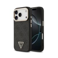 Dėklas Guess PU Leather 4G Strass Triangle Logo Gold Frame MagSafe Apple iPhone 18 Pro Max juodas